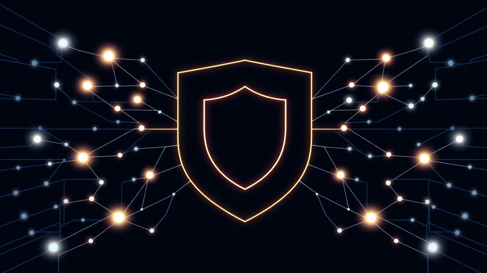 Abstract illustration of AI agent connections routed through a single governance shield, representing an enterprise AI control layer