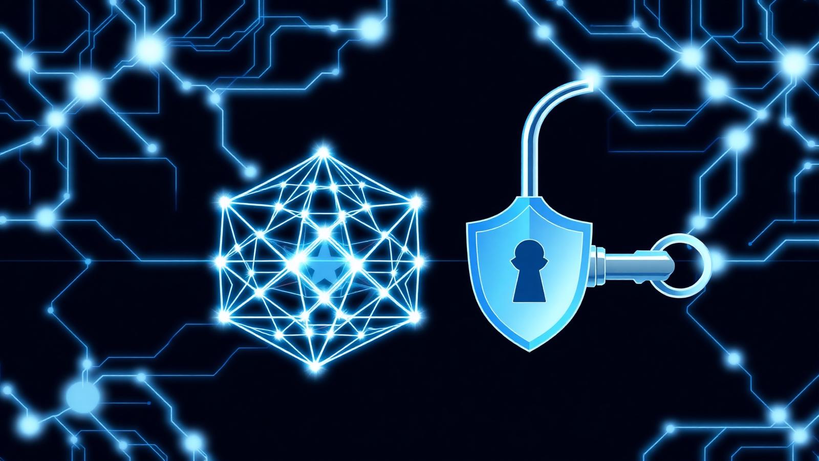 Illustration of a lattice structure beside a shielded encryption key, representing post-quantum cryptography protecting enterprise data